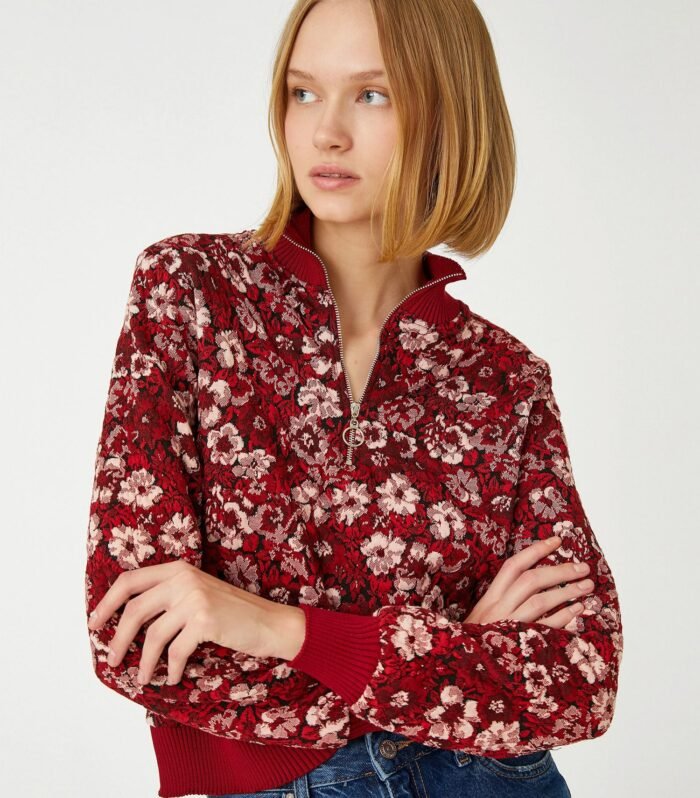 Jacquard Floral Sweater Half Zipper