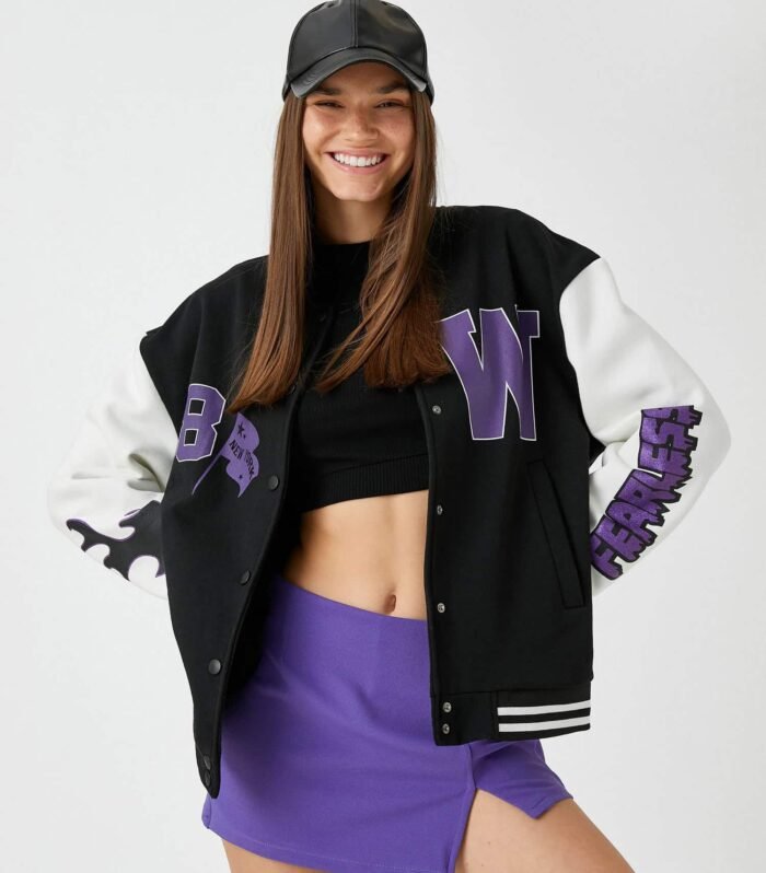 Oversize Bomber College Jacket Printed Fleece Inside