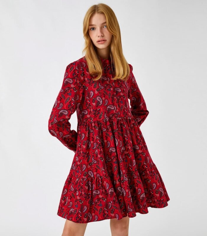 Floral Winter Dress Long Sleeve Ruffle Buttoned